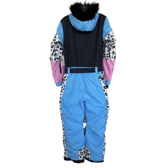 Tipsy Elves Ski Snow Suit Womens Size Small S Snow Leopard Pink Blue Faux Fur - Picture 6 of 10